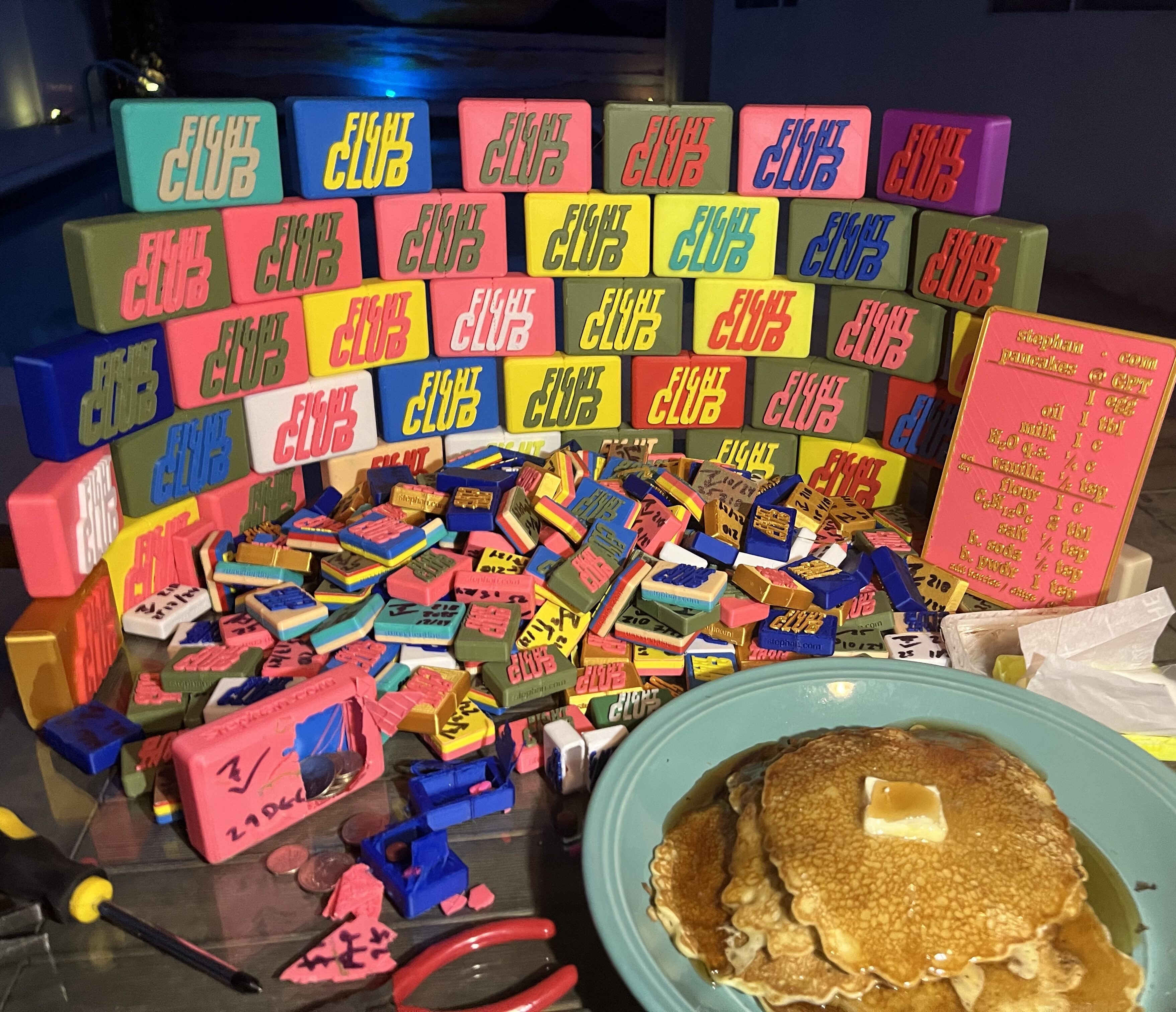 Fight Club — pancakes, capsules, and recipe plaque